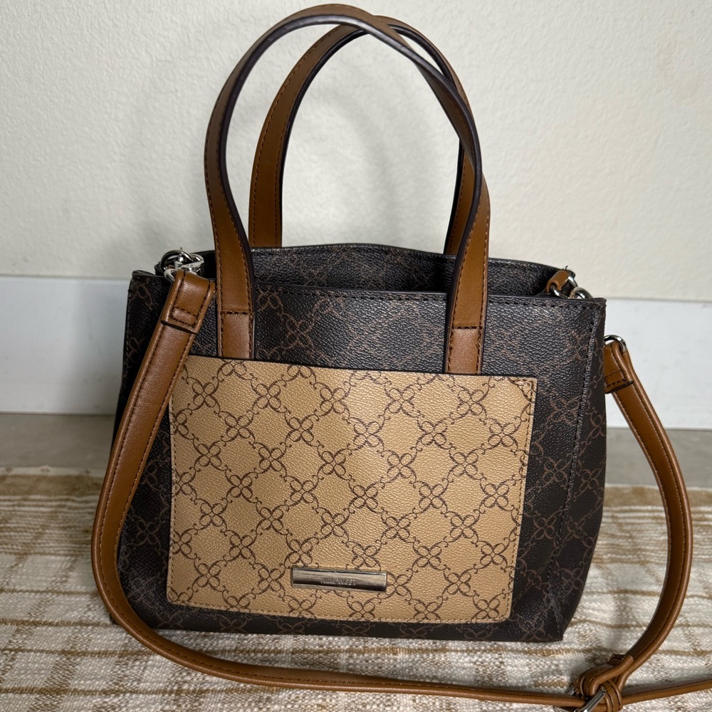 Nine West Ryleigh dual-handle satchel bag in brown with a logo pattern